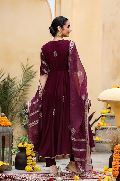 GoSriKi Women’s Elegant Wine Anarkali Kurta Set with Dupatta | Printed Traditional Soft Rayon Fabric