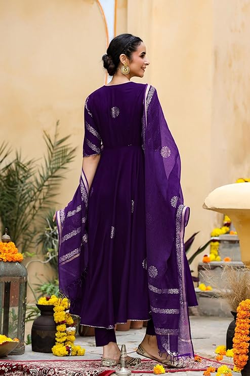 GoSriKi Women’s Elegant Wine Anarkali Kurta Set with Dupatta | Printed Traditional Soft Rayon Fabric