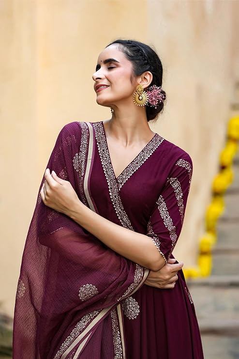 GoSriKi Women’s Elegant Wine Anarkali Kurta Set with Dupatta | Printed Traditional Soft Rayon Fabric