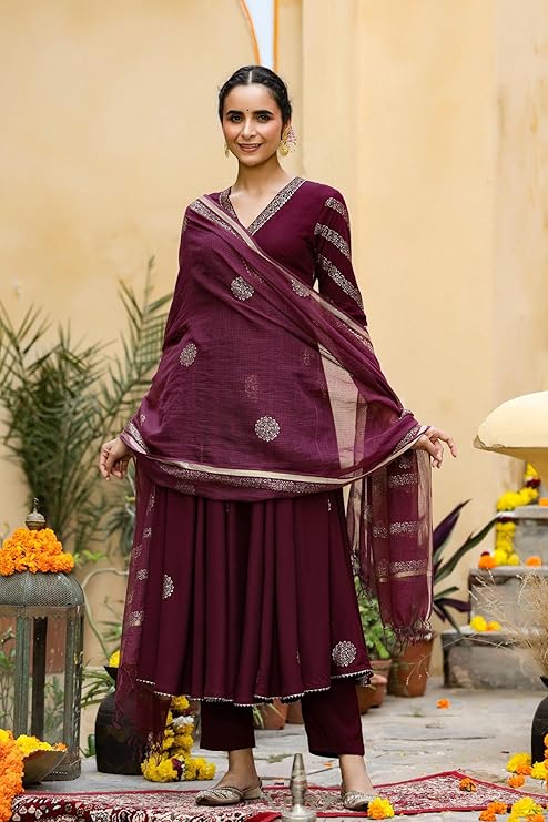 GoSriKi Women’s Elegant Wine Anarkali Kurta Set with Dupatta | Printed Traditional Soft Rayon Fabric