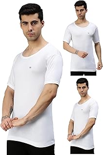 Men's White Round Neck Half Sleeves 100% Cotton Modern Fit Vest With Extended Length For Easy Tuck (Pack Of 3)