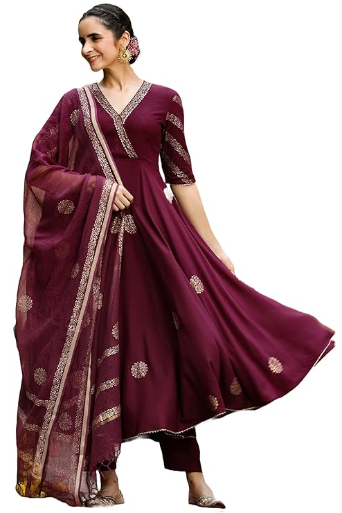 GoSriKi Women’s Elegant Wine Anarkali Kurta Set with Dupatta | Printed Traditional Soft Rayon Fabric
