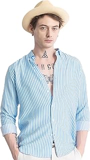 U TURN Men's Cotton Casual Printed Striped Stylish Latest Shirt for Men (SkyBlue-White; Medium)