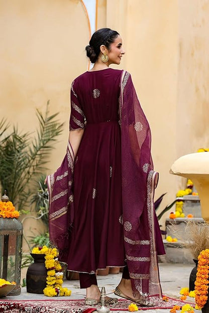 GoSriKi Women’s Elegant Wine Anarkali Kurta Set with Dupatta | Printed Traditional Soft Rayon Fabric