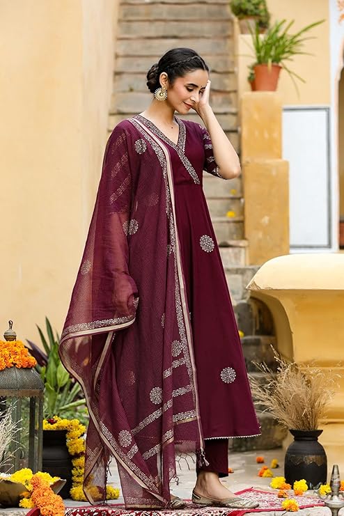 GoSriKi Women’s Elegant Wine Anarkali Kurta Set with Dupatta | Printed Traditional Soft Rayon Fabric