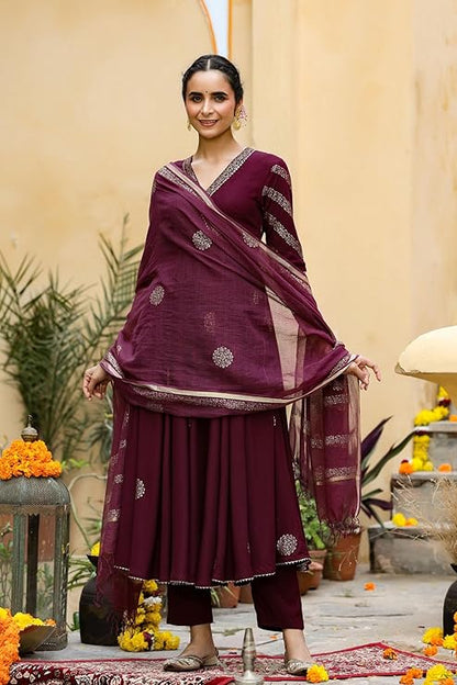 GoSriKi Women’s Elegant Wine Anarkali Kurta Set with Dupatta | Printed Traditional Soft Rayon Fabric