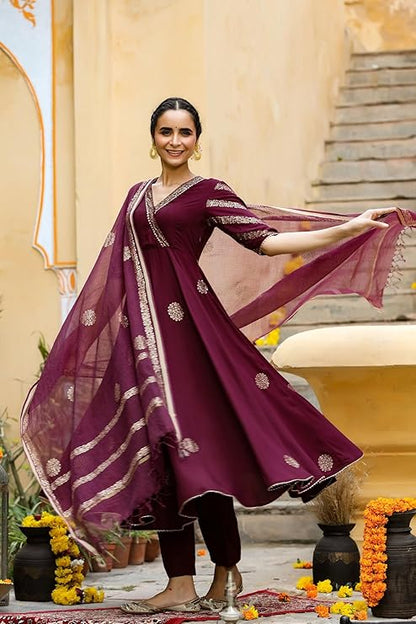 GoSriKi Women’s Elegant Wine Anarkali Kurta Set with Dupatta | Printed Traditional Soft Rayon Fabric
